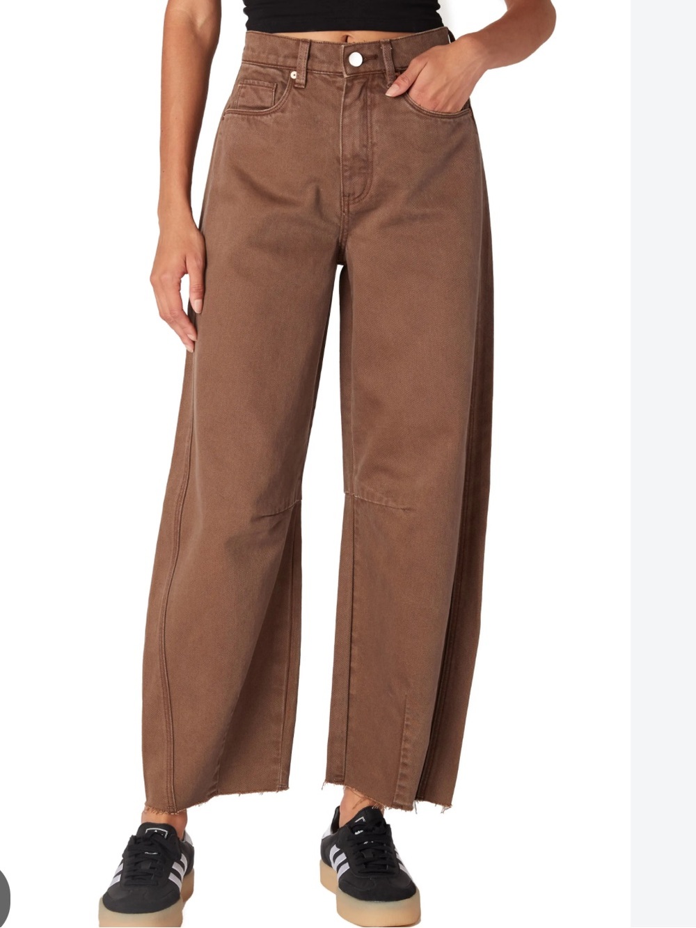 BLANKNYC Brown Barrel Leg Jeans Raw Hem Size 27 NWT $128